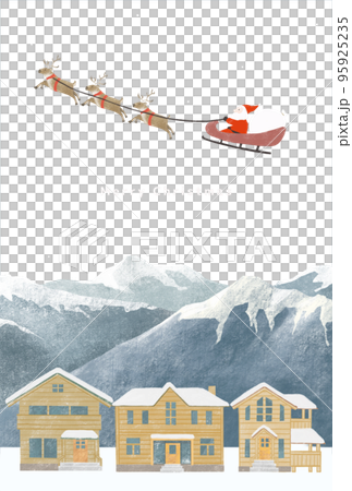A snowy winter Christmas illustration with a snow-covered mountain, a house, Santa Claus, and a reindeer delivering presents A snowy winter Christmas illustration with a snow-covered mountain, a house, Santa Claus, and a reindeer delivering presents 95925235