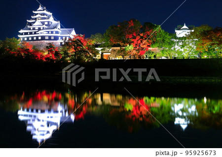 【岡山県】紅葉ライトアップで川面に映える岡山城（令和の大改修後） 95925673