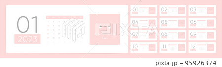 Vertical 2023 calendar template. Week starts Sunday. Cute and minimal modern design template vector. Annual set of 12 months pages. Vertical 2023 calendar template. Week starts Sunday. Cute and minimal modern design template vector. Annual set of 12 months pages. 95926374