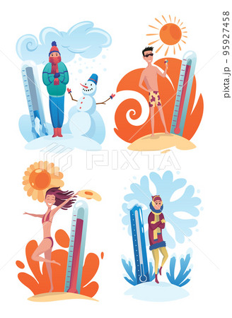 Hot cold weather. Meteorology thermometers illustration. Cartoon characters in summer and winter season 95927458