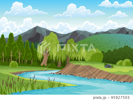 Landscape with river flowing through hills, scenic green fields, forest and mountains. Beautiful scene with river bank shore, blue water, green hill, grass tree and clouds on sky 95927503