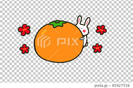 蜜柑に抱き着くうさぎちゃんのイラスト素材（梅の花付き） 95927556
