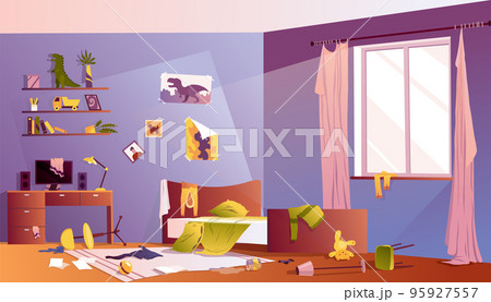 Messy boy bedroom. Room interior with scattered toys and dirtyon furniture cartoon vector illustration. Uncovered bed, clutter on desk, scattered clothes and toys. Terrible chaos 95927557