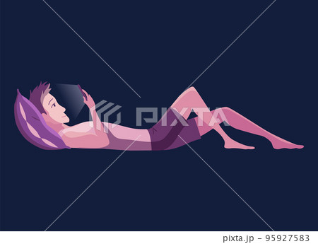 Smartphonesat night. People using gadget. Male person playing online video game or chatting on social networks in the bedtime. Charactes with phone device. Using mobile before sleep 95927583