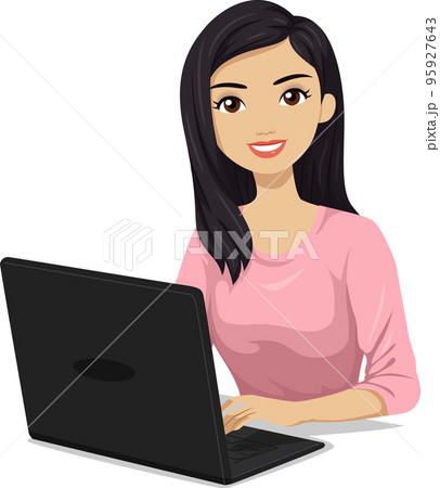 Teen Girl South East Asian Laptop Illustration 95927643