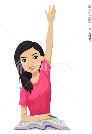 Teen Girl Asian Student Raise Hand Illustration 95927646