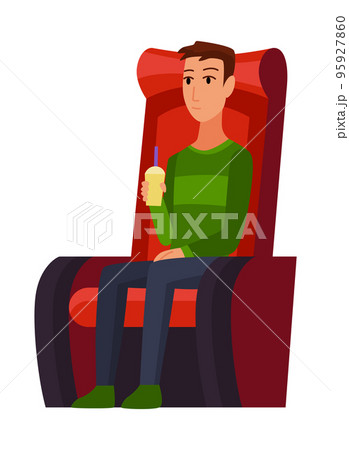 Cinema. Man sitting in chair at movie theater auditorium. Young male watching film or motion picture. Viewer or moviegoer. Flat cartoon vector illustration Cinema. Man sitting in chair at movie theater auditorium. Young male watching film or motion picture. Viewer or moviegoer. Flat cartoon vector illustration 95927860