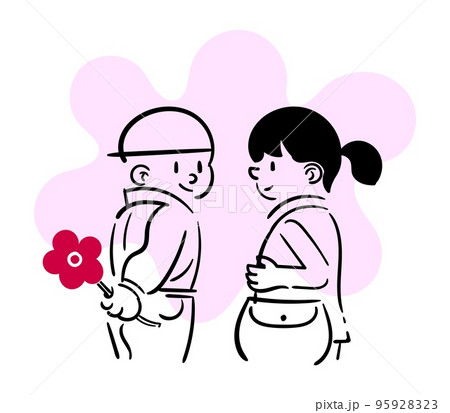 Boy and girl with a flower, vector cartoon drawing 95928323