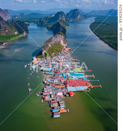 Aerial view of Ko Panyi or Koh Panyee muslim fishing village in Phang Nga Province, Thailand Aerial view of Ko Panyi or Koh Panyee muslim fishing village in Phang Nga Province, Thailand 95929324
