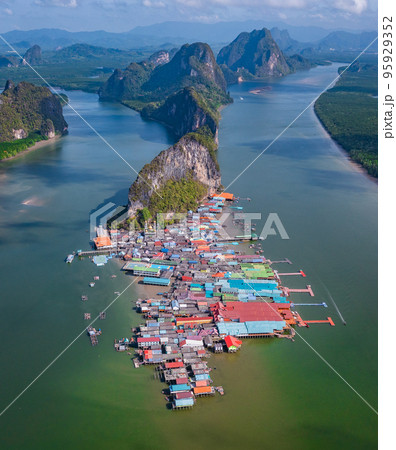 Aerial view of Ko Panyi or Koh Panyee muslim fishing village in Phang Nga Province, Thailand Aerial view of Ko Panyi or Koh Panyee muslim fishing village in Phang Nga Province, Thailand 95929352