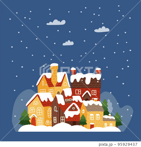 Colorful cute city with different size houses at snowy winter night. Small town with old buildings and fir trees. Christas card background. Flat hand drawn vector illustration 95929437