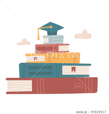 Big stack of books with graduation cap. Graduation and education concept. Vector flat hand drawn illustration Big stack of books with graduation cap. Graduation and education concept. Vector flat hand drawn illustration 95929517