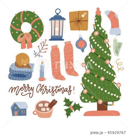 Set of christmas celebration elements - tree, gifts, toys, lantern, clothes and decorations. Winter collection of cozy home objects and cat. Hand drawn holiday items. Flat vector illustration. Set of christmas celebration elements - tree, gifts, toys, lantern, clothes and decorations. Winter collection of cozy home objects and cat. Hand drawn holiday items. Flat vector illustration. 95929767