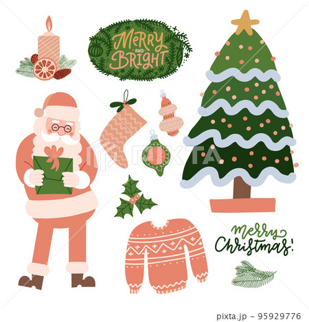Set of Christmas decorations, holiday gifts, winter knitted woolen clothes, pine tree and Santa Claus character isolated on white background. Colorful vector illustration in flat cartoon style 95929776