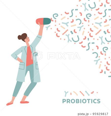 Female doctor holding probiotics capsule. Concept probiotic, dysbacteriosis, intestinal microflora, microbiome, microbiota, problems with digestion and immunity. Hand drawn flat vector illustration 95929817