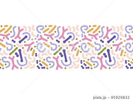 Microbiome seamless border. Probiotic bacteria print with colorful lactobacillus, bifidobacteria, acidophilus. Flat hand drawn biology illustration. 95929832