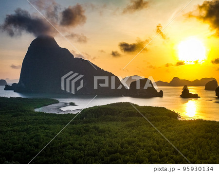 Aerial view of Samet Nangshe Viewpoint at sunset during rainy season, Phang Nga, Thailand 95930134
