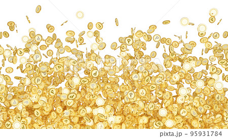Pの文字(ポイントの頭文字)が刻印されたたくさんの金貨の透過3DCGレンダリング画像 Pの文字(ポイントの頭文字)が刻印されたたくさんの金貨の透過3DCGレンダリング画像 95931784