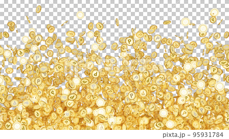Pの文字(ポイントの頭文字)が刻印されたたくさんの金貨の透過3DCGレンダリング画像 Pの文字(ポイントの頭文字)が刻印されたたくさんの金貨の透過3DCGレンダリング画像 95931784