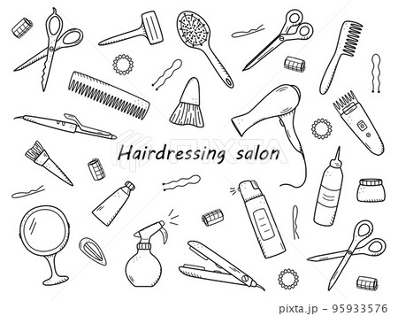 Hairdressing tool kit for beauty salon or home use. Vector illustration of doodle icons for self and hair care. Comb, razor, hair dryer, curling iron and other items 95933576