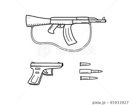 Automatic and gun with bullets and shells, firearms icon vector. Military weapons isolate on white. Automatic and gun with bullets and shells, firearms icon vector. Military weapons isolate on white. 95933927