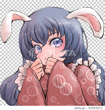 【水彩画】ウサギ耳のアニメ風イラスト（レッド） うさぎ耳の着物メイド風女の子のイラスト素材 [95935072] - PIXTA