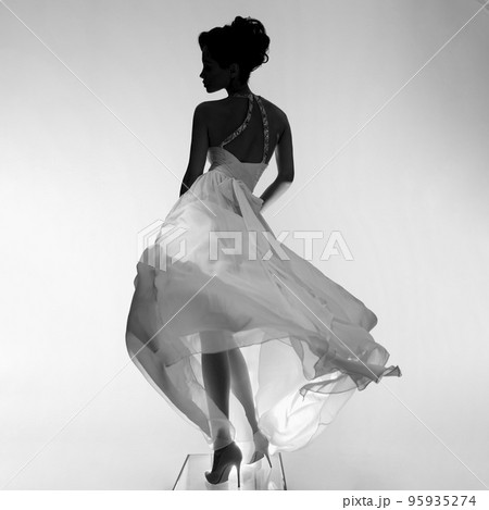 Beautiful young lady posing in a photo studio in a chic dress. S 95935274