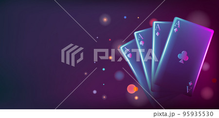 Casino banner. Bet game cards. Approval poker club. Black gambling luxury blank backdrop. Gambling entertainment. VIP Vegas wallpaper. Blackjack player. Vector 3d glowing background 95935530