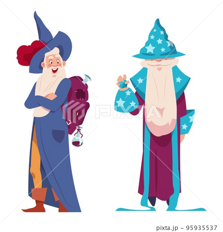 Cartoon wizard. Old man in robe costume and hat with beard, magic spells in bag, halloween magical character. Magician sorcerer, witchcraft vector cartoon flat style isolated illustration Cartoon wizard. Old man in robe costume and hat with beard, magic spells in bag, halloween magical character. Magician sorcerer, witchcraft vector cartoon flat style isolated illustration 95935537