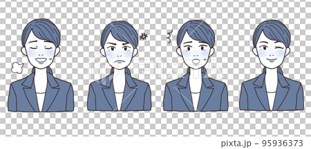 Set of 4 facial expressions for a woman in a suit, one tone Set of 4 facial expressions for a woman in a suit, one tone 95936373