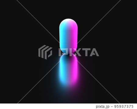 暗闇に浮かぶ青色とピンク色の光に照らされたピル錠剤の3Dイラストレーション 95937375