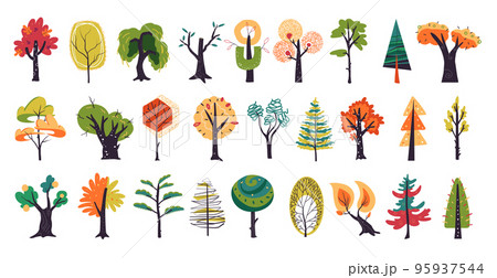 Simple spruce trees, hand drawn forest icons. Summer shrub, spring pine, vegetation bush, larch foliage, exact fir wood, oak acorn. Simple botanical colorful objects in doodle style. Vector icon set 95937544