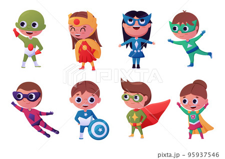 Kid superhero, girl child fly. Little brave super hero in carnival costume, strong boy in game mask. Heroic comic party. Justice fighters. Characters in active poses. Vector design recent illustration 95937546