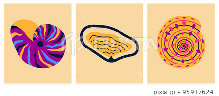 Cartoon shells. Summer ocean animals collection, marine habitats, aquarium decoration. Hand drawn seashell square cards. Bright colorful elements. Vector isolated set doodle treasure sea illustration 95937624