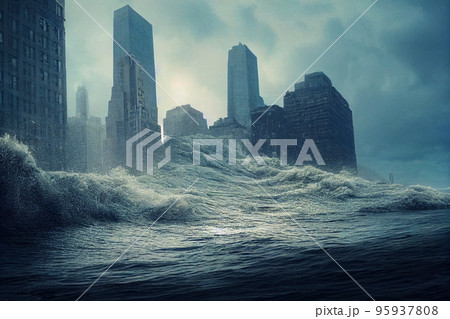 Concept art illustration of massive tsunami wave flooding big city Concept art illustration of massive tsunami wave flooding big city 95937808
