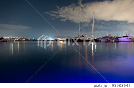 many ships at night on the pier in the Aegean Sea Athens Greece many ships at night on the pier in the Aegean Sea Athens Greece 95938642