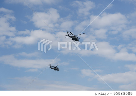 Sikorsky Seahawk naval military helicopters during an air show. Hellenic Navy S-70 flying on Thessaloniki, Greece during the 28 October National Oxi Day parade. 95938689