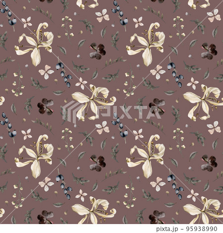 Seamless pattern with dry lily flowers, realistic style. Abstract floral arrangement of plants, flowers, berries, leaves. Dark marsala background 95938990