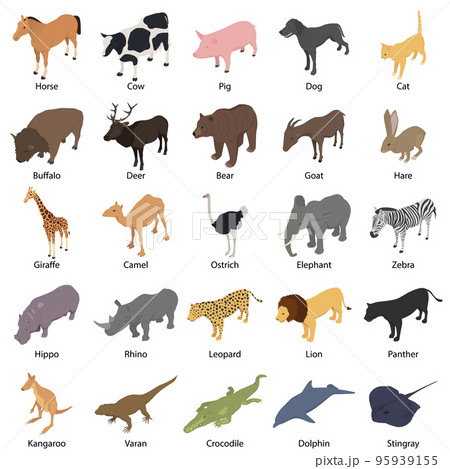 Animals with signed name icons set. Isometricのイラスト