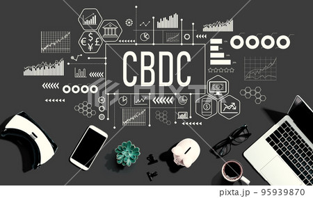 CBDC theme with electronic gadgets and office supplies 95939870