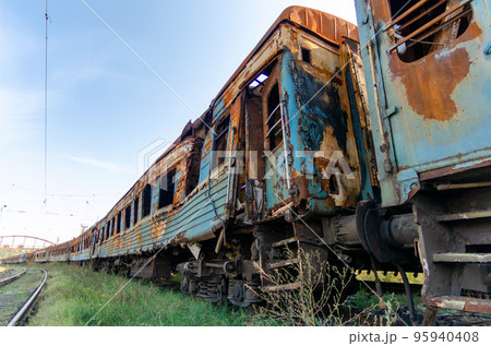 burned out blown up wagons war between Russia and Ukraine 95940408