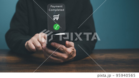 Young man using Electronic payment on mobile phone, Customer holding smartphone and making digital payment transaction. 95940565