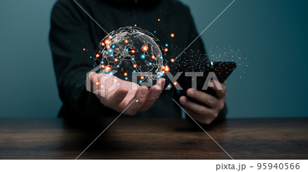 Future Global Communication Network Technology concept, Man hand holding Globe and Smartphone , enjoy, satisfaction to communicate with internet network information link other people together. 95940566