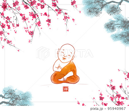 Little buddist monk in orange robe under sakura blooming tree and pine tree branches. Traditional oriental ink painting sumi-e, u-sin, go-hua. Translation of hieroglyph - zen Little buddist monk in orange robe under sakura blooming tree and pine tree branches. Traditional oriental ink painting sumi-e, u-sin, go-hua. Translation of hieroglyph - zen 95940967