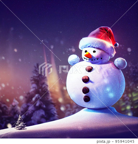 Snowman in winter christmas landscape. Snowman. Magical christmas night Snowman in winter christmas landscape. Snowman. Magical christmas night 95941045