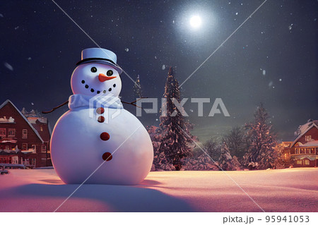 Snowman in winter christmas landscape. Snowman. Magical christmas night Snowman in winter christmas landscape. Snowman. Magical christmas night 95941053