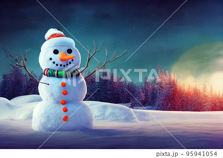 Snowman in winter christmas landscape. Snowman. Magical christmas night Snowman in winter christmas landscape. Snowman. Magical christmas night 95941054