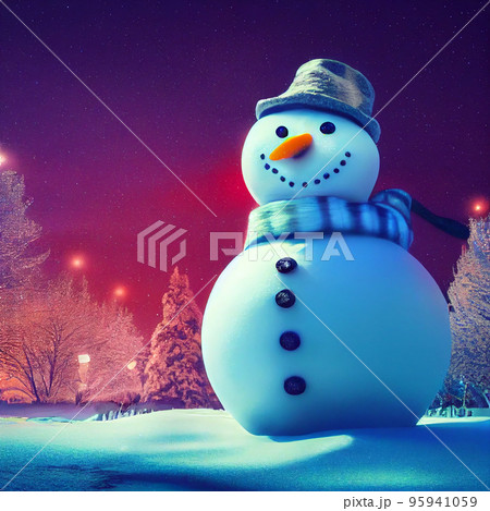 Snowman in winter christmas landscape. Snowman. Magical christmas night 95941059