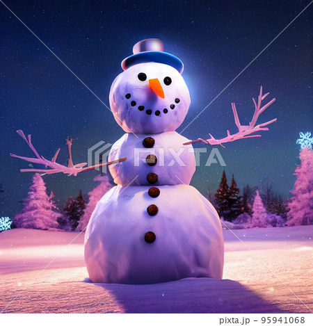 Snowman in winter christmas landscape. Snowman. Magical christmas night Snowman in winter christmas landscape. Snowman. Magical christmas night 95941068