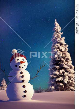 Snowman in winter christmas landscape. Snowman. Magical christmas night Snowman in winter christmas landscape. Snowman. Magical christmas night 95941069